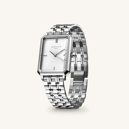 Zilveren rechthoekige Roségold Octagon XS White Sunray Steel horloge