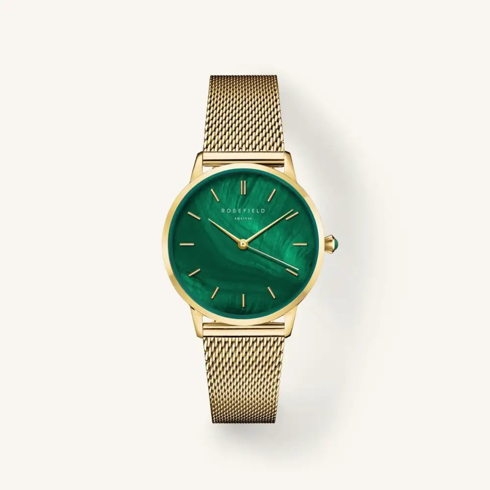 Gold horloge met groene wijzerplaat uit de Rosefield Pearl Edit Mesh collectie