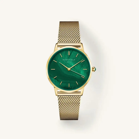 Gold horloge met groene wijzerplaat uit de Rosefield Pearl Edit Mesh collectie