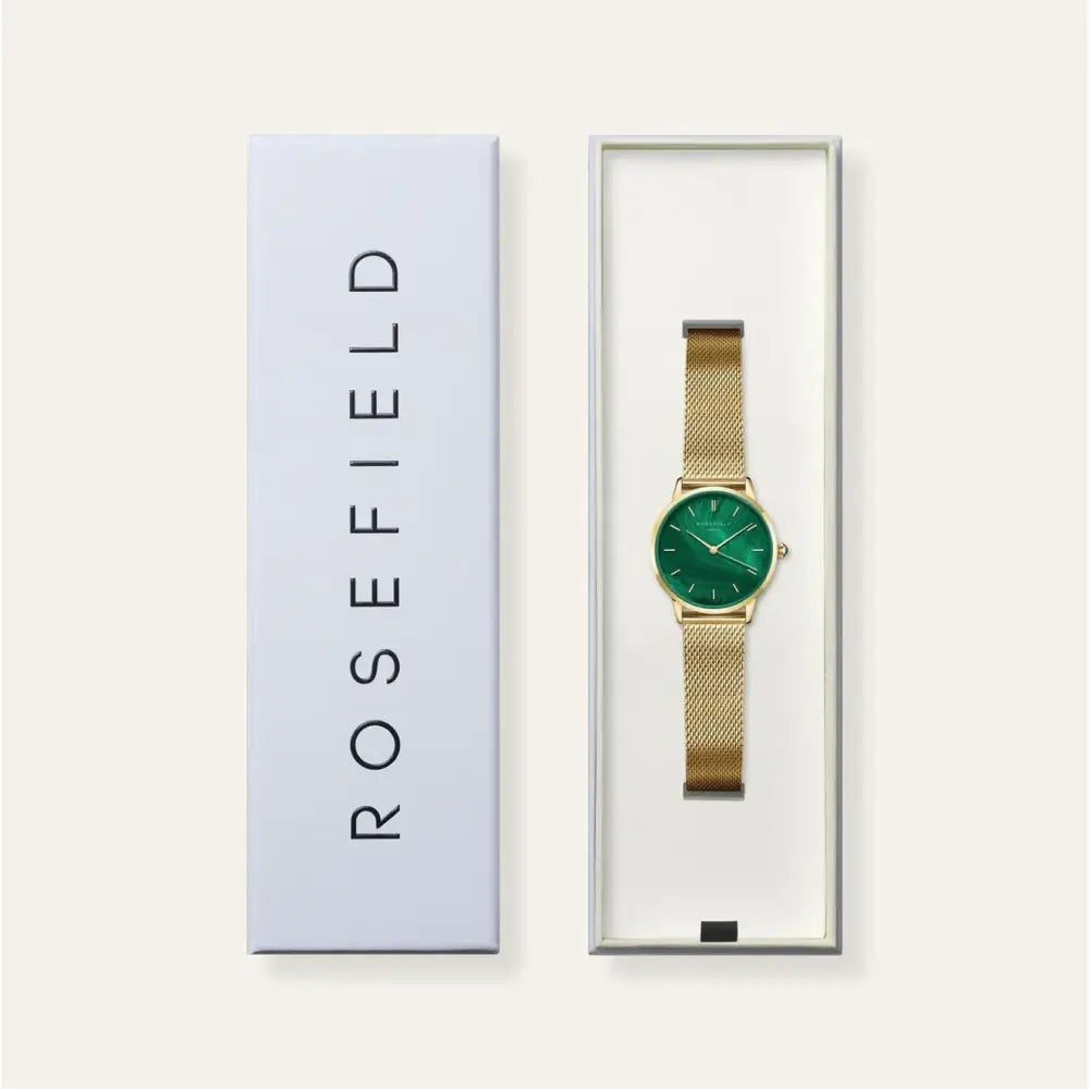 Gold horloge met groene wijzerplaat in doos, Rosefield Pearl Edit Mesh ontwerp
