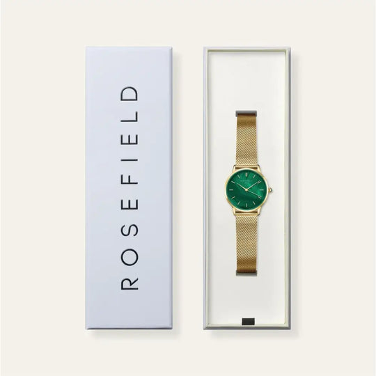 Gold horloge met groene wijzerplaat in doos, Rosefield Pearl Edit Mesh ontwerp