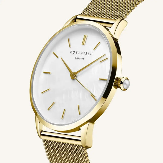 Rosefield Pearl Edit goudkleurige mesh-band horloge met witte parelmoer wijzerplaat