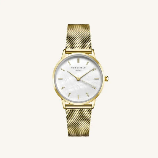 Rosefield Pearl Edit goudkleurige mesh-band horloge met witte parelmoer afwerking