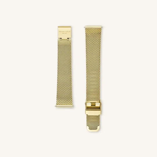 Rosefield Pearl Edit goudkleurige mesh-band met witte parelmoer voor elegante stijl