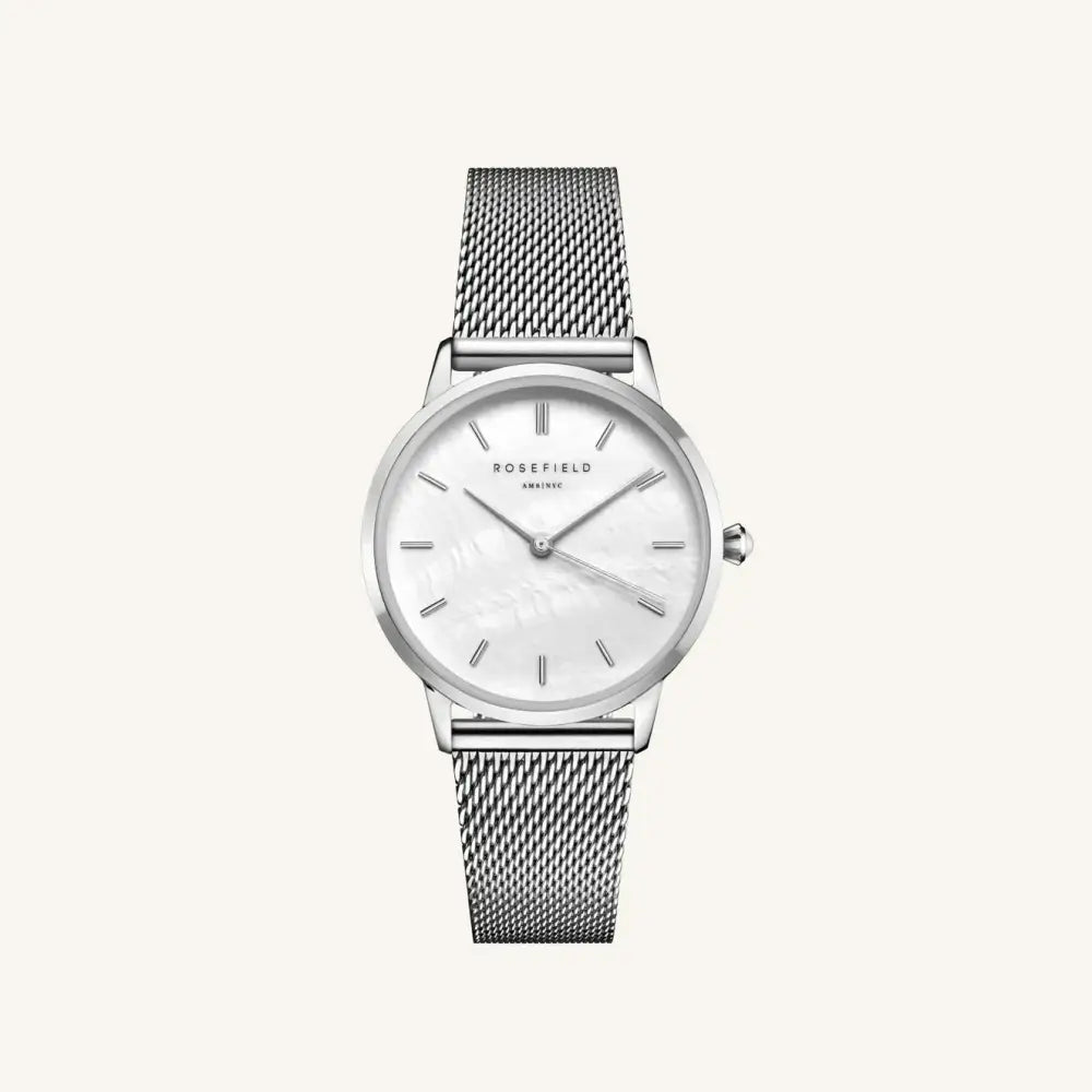 Zilveren meshband horloge van Rosefield Pearl Edit Mesh met parelaccentus
