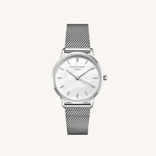 Zilveren meshband horloge van Rosefield Pearl Edit Mesh met parelaccentus