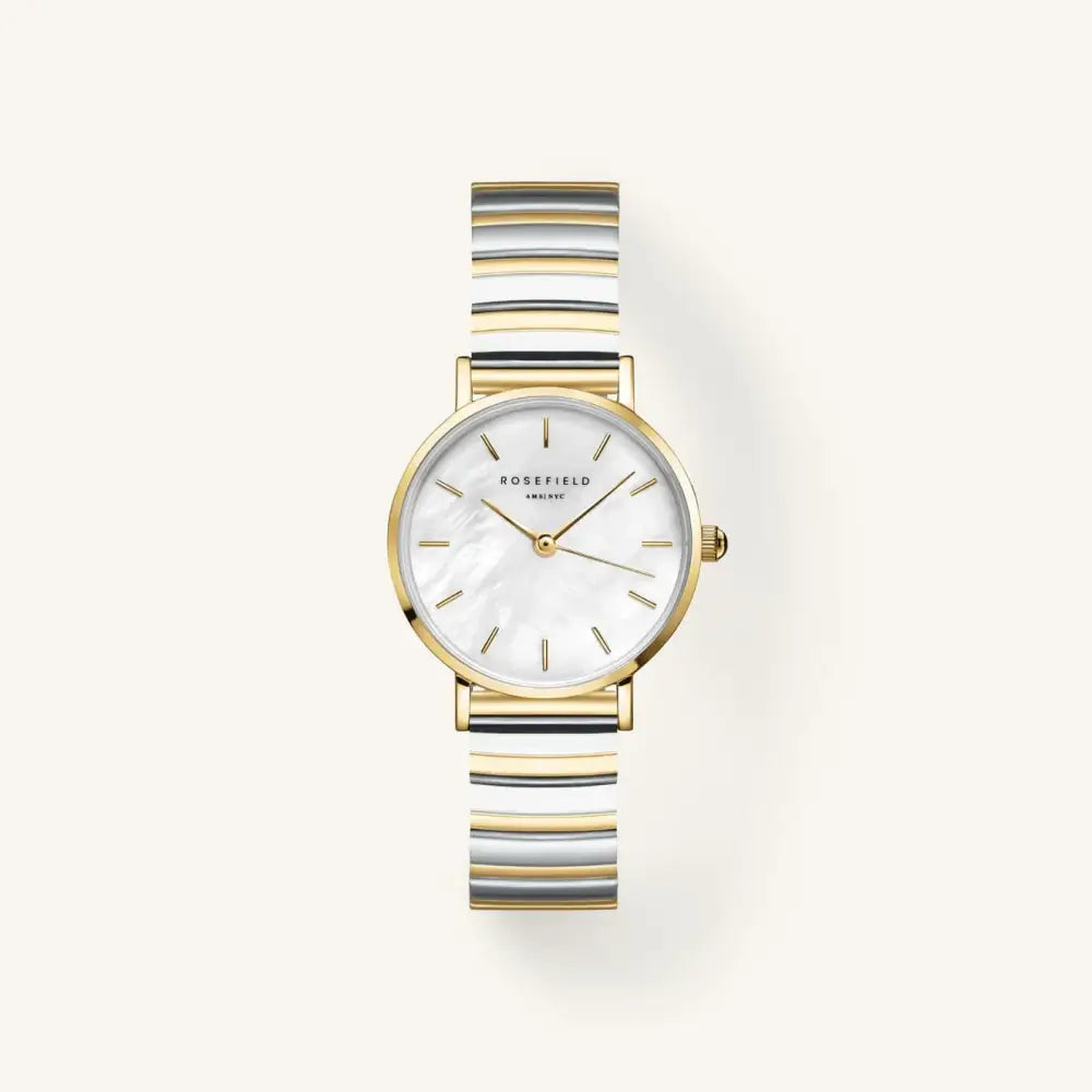 Gold en gestreepte band horloge van Rosefield Small Edit White MOP Half-Moon Steel Duotone