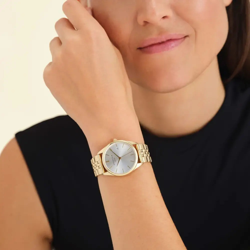 Gold polshorloge met zilveren wijzerplaat uit Rosefield The Ace Silver Sunray collectie
