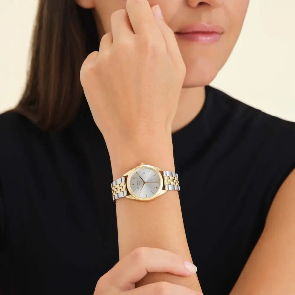 Two-tone Rosefield The Ace XS Silver Sunray Steel Gold Duotone horloge op pols