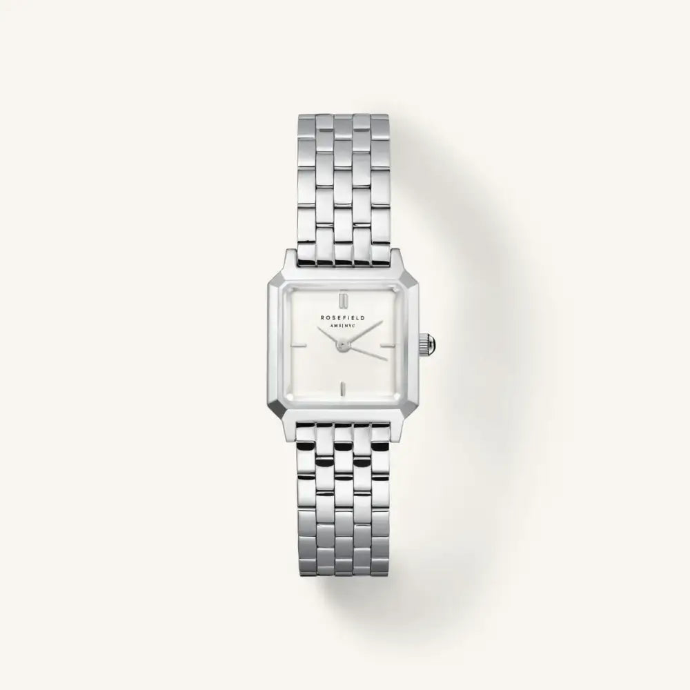 Silver vierkante horloge van The Boxelle met witte wijzerplaat en stalen horlogeband