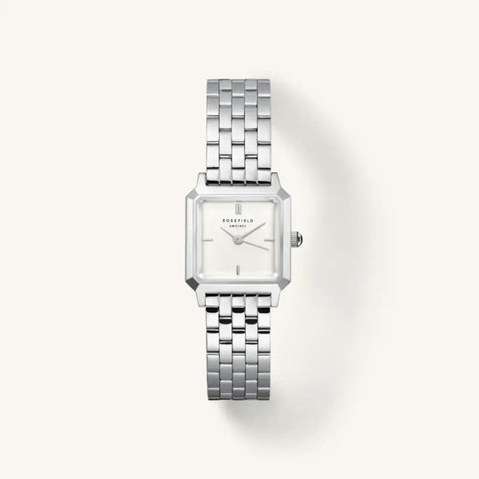 Silver vierkante horloge van The Boxelle met witte wijzerplaat en stalen horlogeband
