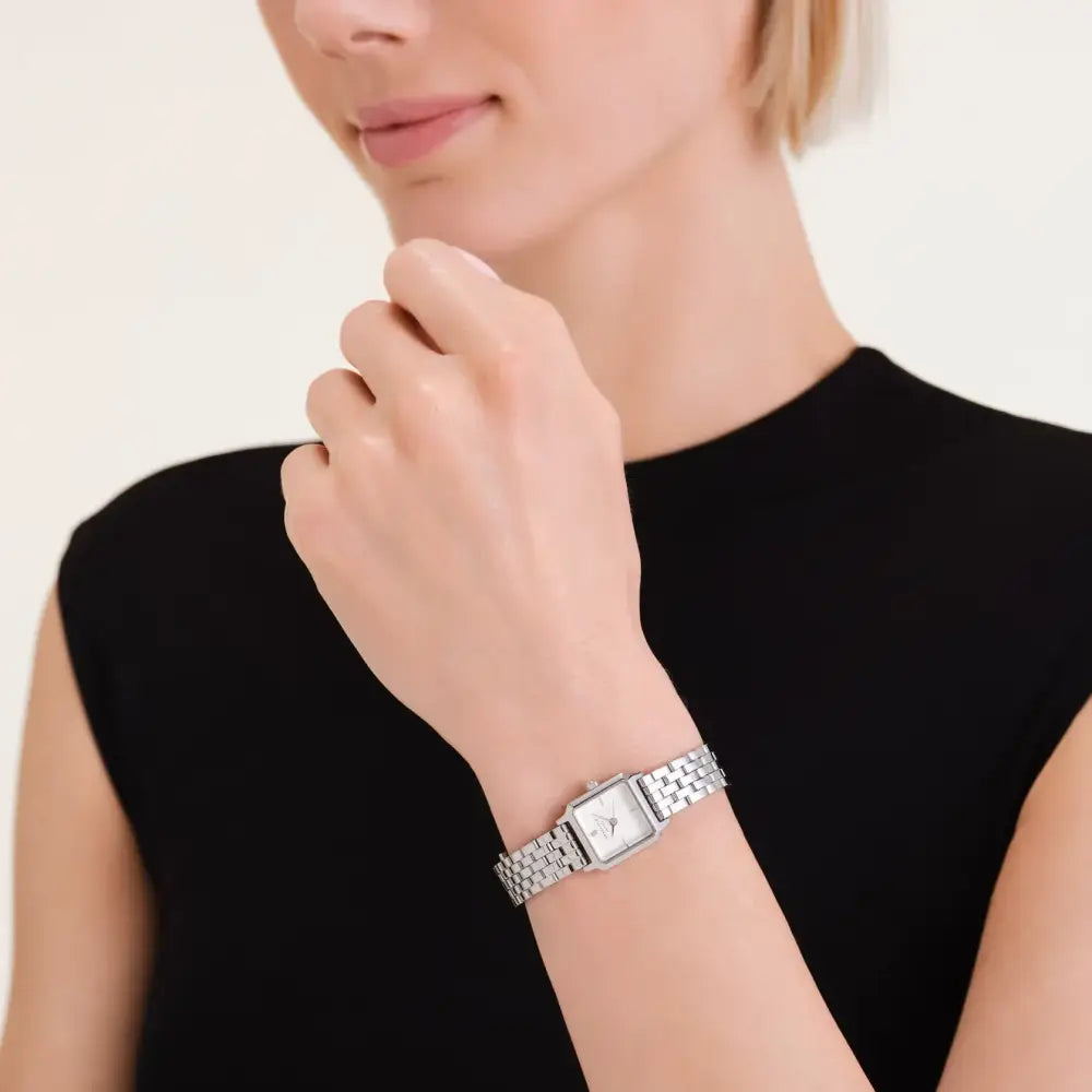 Silver horloge met rechthoekig uurwerk van Rosefield The Boxelle merk sieraden