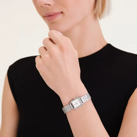 Silver horloge met rechthoekig uurwerk van Rosefield The Boxelle merk sieraden