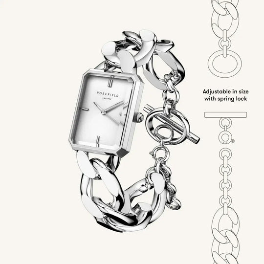 Zilveren schakelhorloge Rosefield The Octagon XS Studio Edition stijlvol design