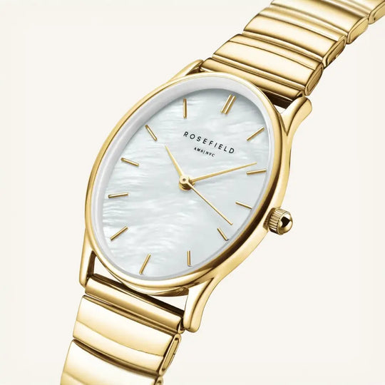 Goldkleurige wristwatch met maanvormig gezicht en parelmoer van Rosefield The Oval White MOP