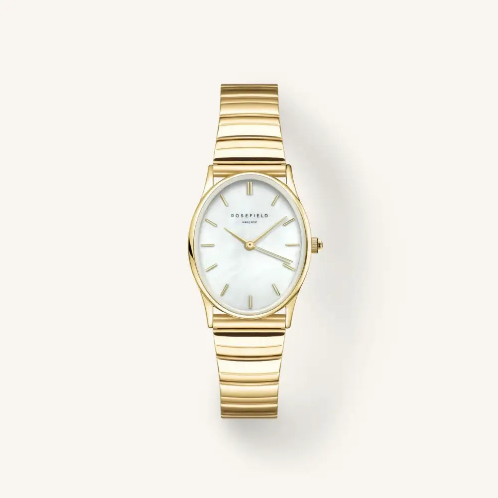 Gold-toned oval wristwatch Rosefield The Oval White MOP Half-Moon Steel Gold