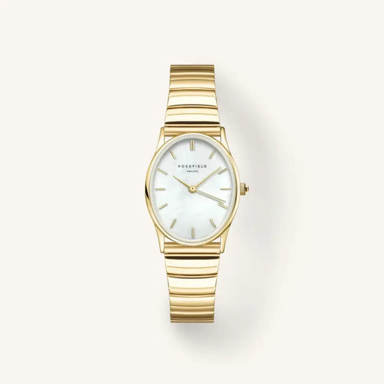 Gold-toned oval wristwatch Rosefield The Oval White MOP Half-Moon Steel Gold