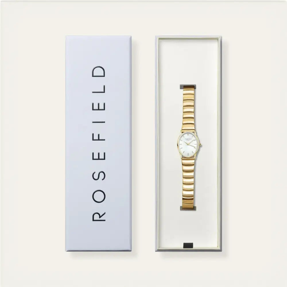 Gouden polshorloge in een doos Rosefield The Oval White MOP Half-Moon Steel Gold