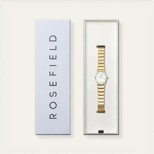 Gouden polshorloge in een doos Rosefield The Oval White MOP Half-Moon Steel Gold