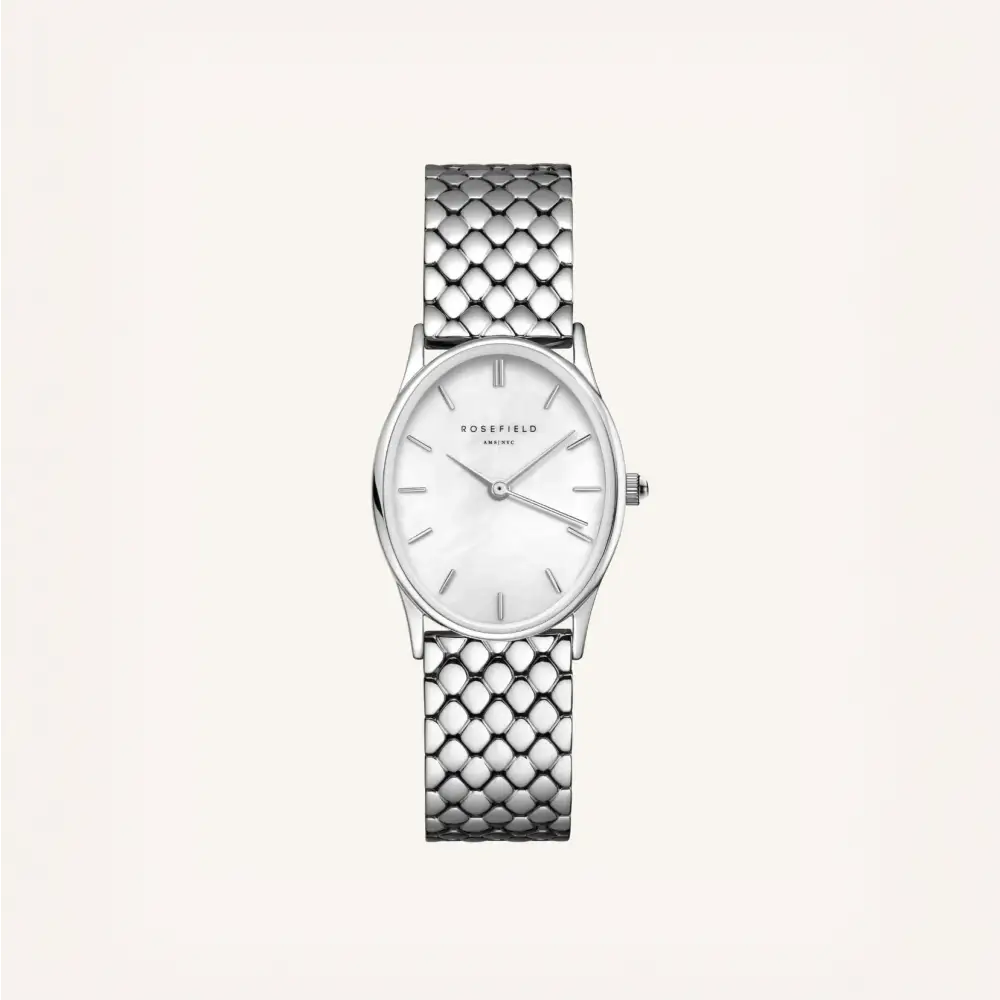 Zilverkleurige ovalen Rosefield The Oval White Steel Silver horloge met geribbelde band