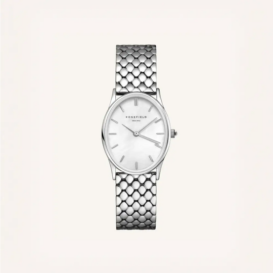 Zilverkleurige ovalen Rosefield The Oval White Steel Silver horloge met geribbelde band