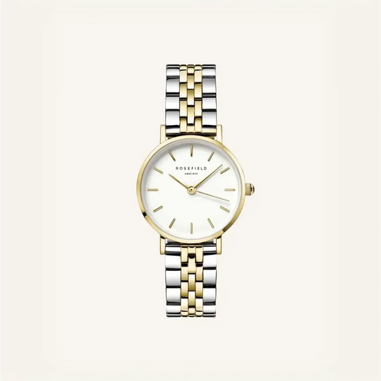 Gold en zilveren polshorloge van Rosefield The Small Edit White Steel Silver Gold Duo